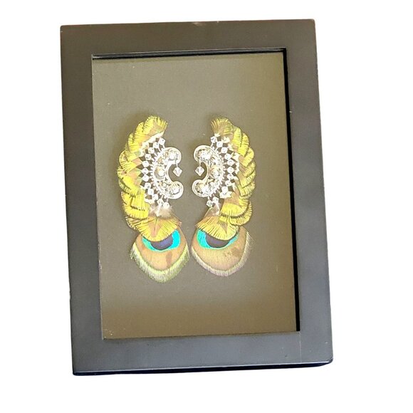 Vintage ASHLOCK Peacock Feather Earrings Art Framed Wall Decor Shadow Box - Picture 4 of 10